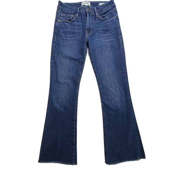 FRAME Le Crop Mini Boot Jeans Remsen Wash Blue Raw Hem Cropped Bootcut Size 25 - Picture 3 of 15